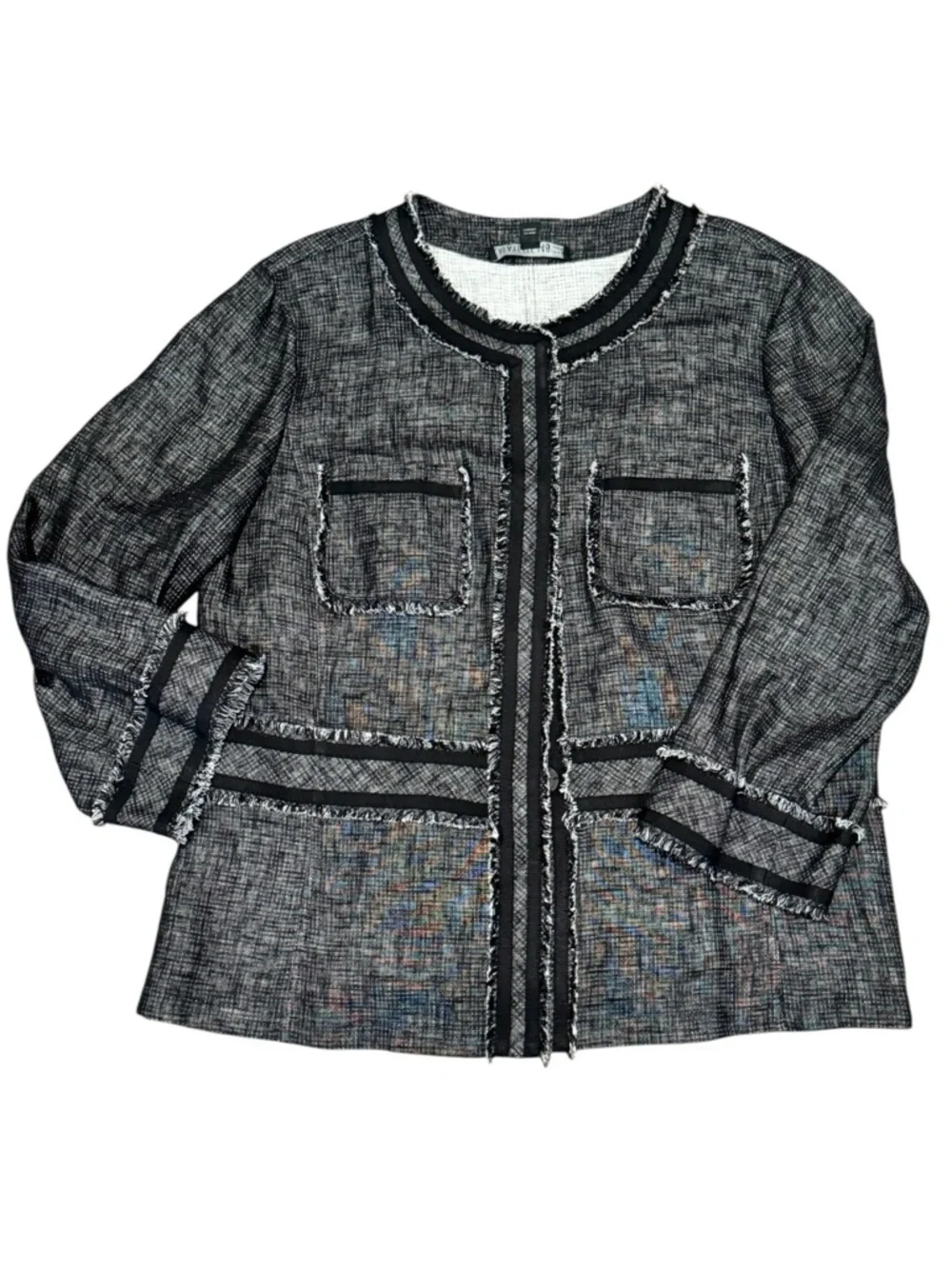Lafayette 148 Jacket Black Collarless Fringe Linen 14 - Picture 6 of 10